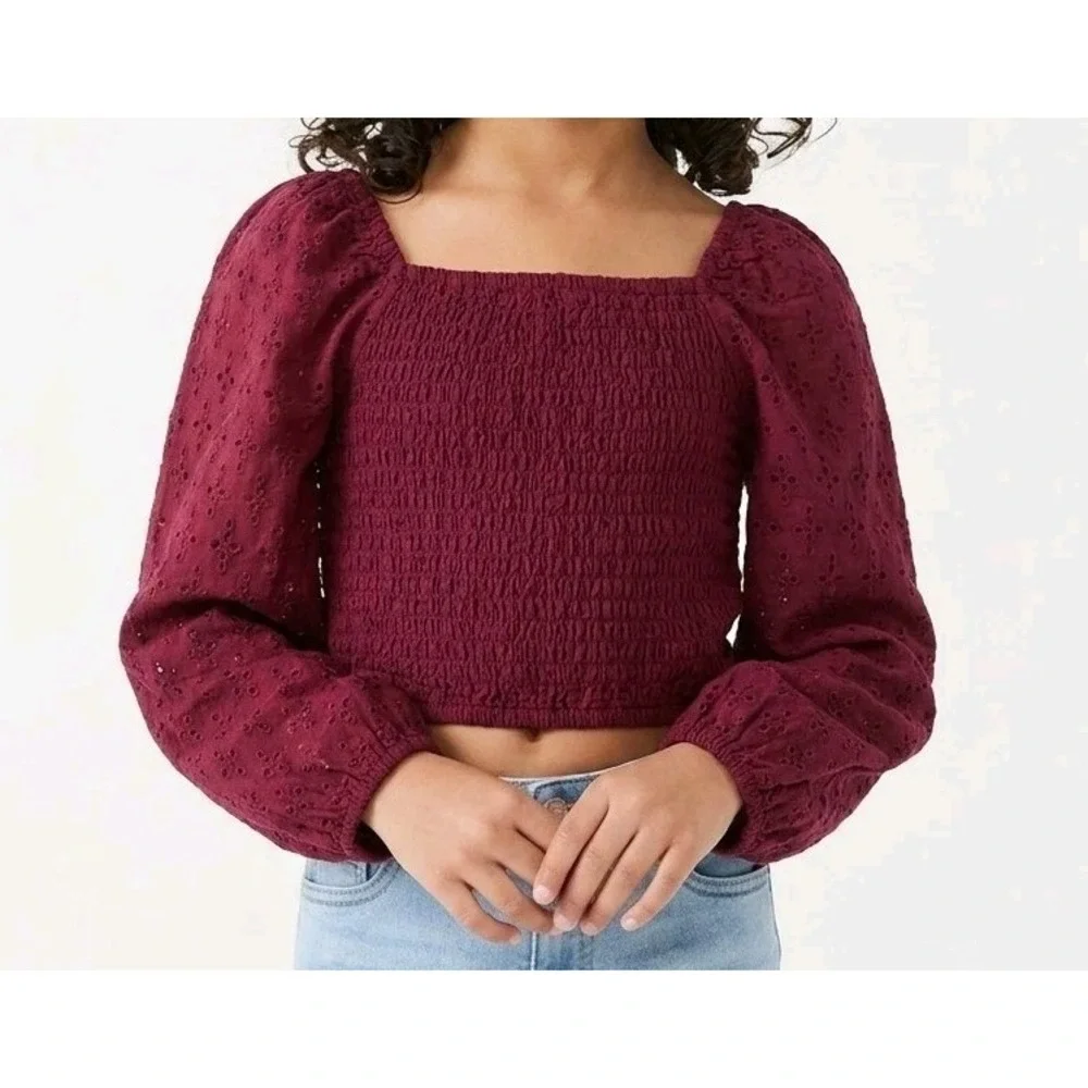Gap Kids Beet Burgundy Cropped Shirt With Puff Sleeves Girls Medium